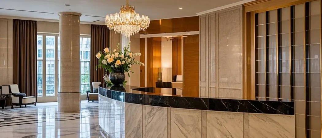 Empfangstresen einer Hotellobby mit warmem Licht