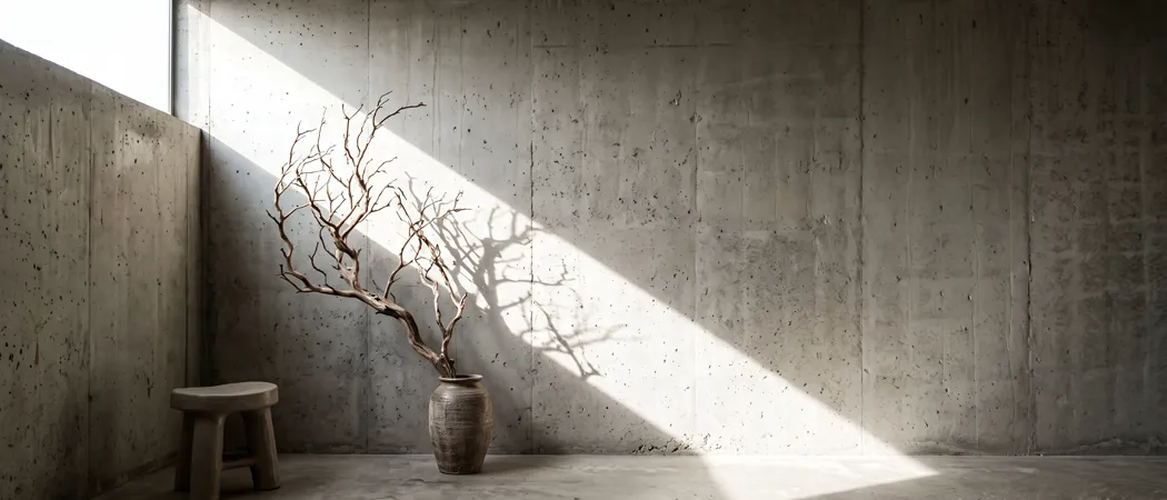 Betonwand mit einfallendem Tageslicht, Vase mit Zweig